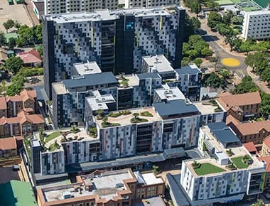 Architectural facade finishes on a modern multi-storey building
